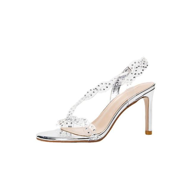 

dress shoes summer style fairy transparent buckle one word sandals with pearl thin heels women high, Black