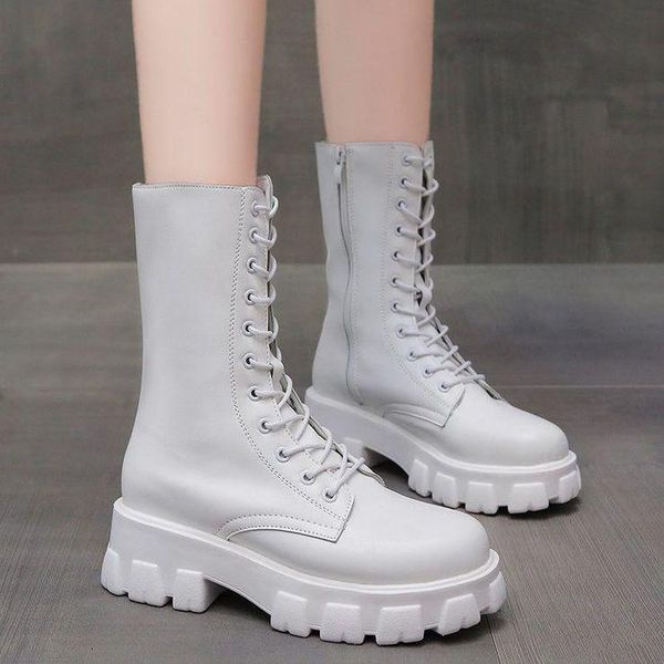 

boots leather ankle women autumn winter round toe lace up shoes fashion motorcycle platform, Black