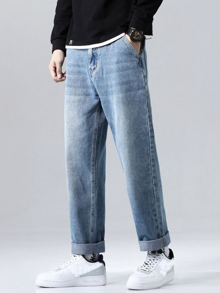 

men slant pocket straight leg jeans a40x#, Blue
