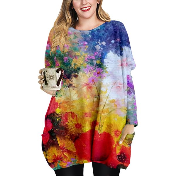 

spring and autumn harajuku colorful flower pattern long pocket t-shirt plus size female element round neck dress, Black;gray