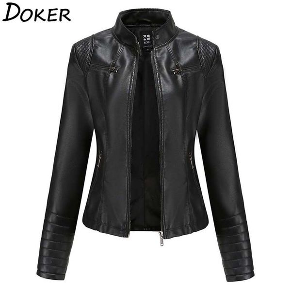 

women faux leather jacket autumn winter long sleeve plus size fashion ladies solid zipper biker coat female casual outwear 211130, Black