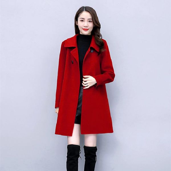 

women's wool & blends 2021 autumn winter mid-length woolen blended jacket for women loose long sleeve elegant woolens overcoat manteau, Black