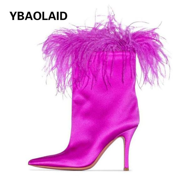 

boots autumn and winter pointed silk feather stiletto catwalk fashion solid color set foot mid-tube, Black