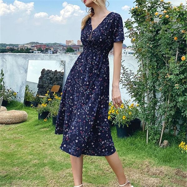 

summer slim deep v neck party dress elegant gorgeous floral print h-line dress women fashion short sleeve long dress lady 210515, Black;gray