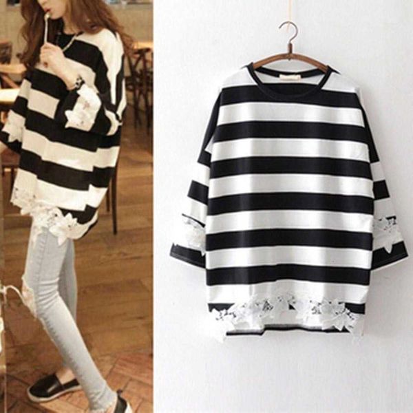 

women's t-shirt spring autumn shirt women long-sleeved korean fashion t-shirt large size lace mid-length bottoming striped ngy2, White