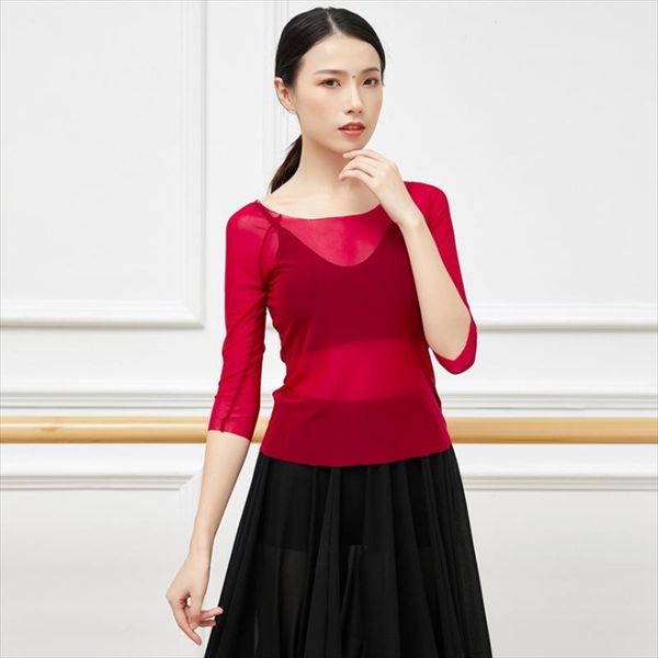 

stage wear arrival ballet dancing costume fashion female dance clothing round-neck mid-length sleeve translucent gauzy blouse, Black;red