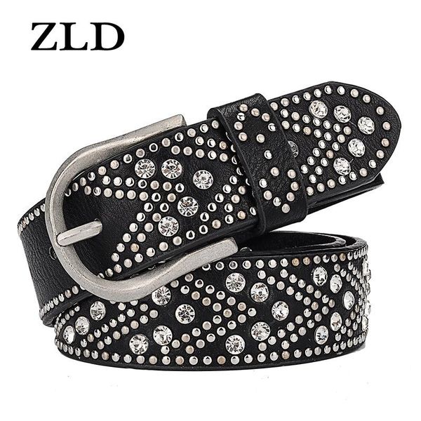 

belts zld genuine vintage pin buckle for women fashion luxury rivet rhinestones belt female casual jeans decorative, Black;brown