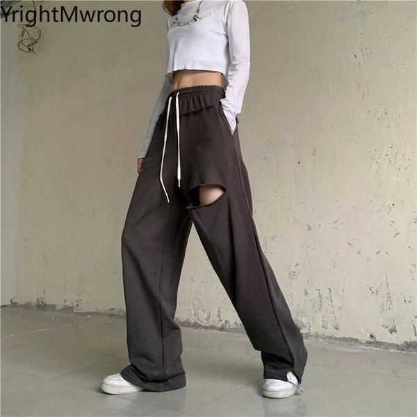 

women's pants & capris drawstring high waist ripped hole cotton jogger pant fashion aesthetic fall sweatpant tracksuit workout streetwe, Black;white
