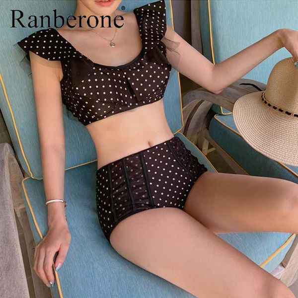 

korean style swimsuit women 2 pieces set retro polka dot print ruffles sleeve bikini swimwear women's, White;black