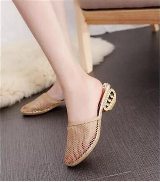 

summer fashion shoes women's slippers tip binding couple handmade net chunky heel comfortable sandals, Black
