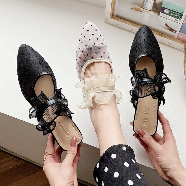 

baotou half slippers female outer wear summer sandals and pointed thick heel shoes women, Black