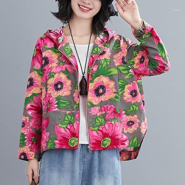 

oversized loose hooded floral women jackets long-sleeved zipper casual all match female outwear women's, Black;brown