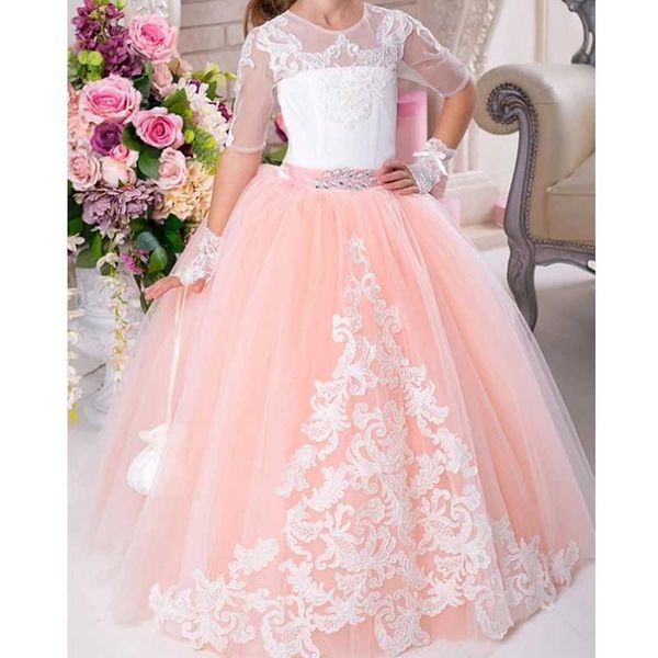 

girl's dresses princess floor length flower girl party tulle half sleeve jewel neck with appliques, Red;yellow