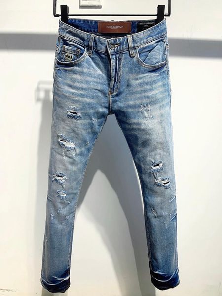 

men's jeans european brand men pants biker denim trousers hole grey stripe ankle-length skinny for, Blue