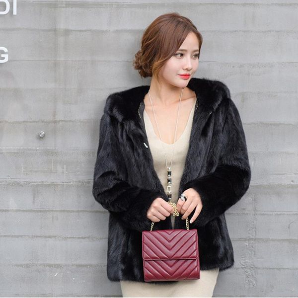 

women's fur & faux full pelt short design mink coat hooded jacket female winter outerwear, Black