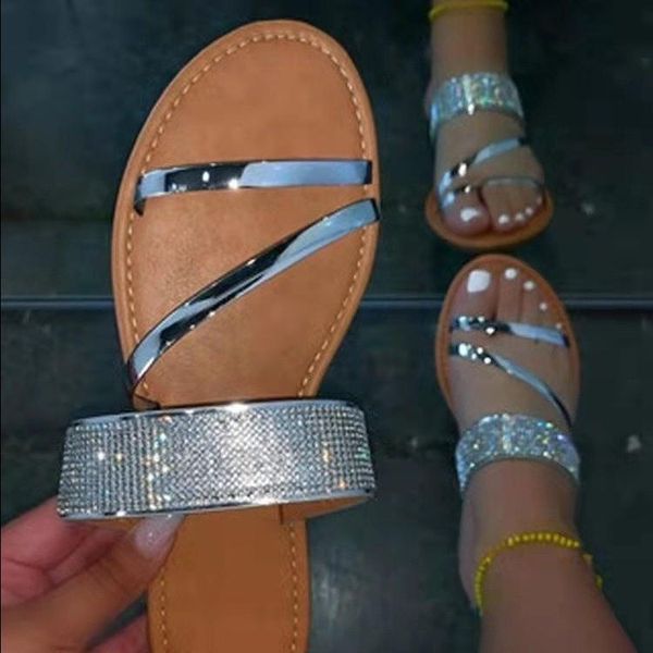 

fashion summer style roman rhinestone flat outdoor large size slippers solid color women beach, Black