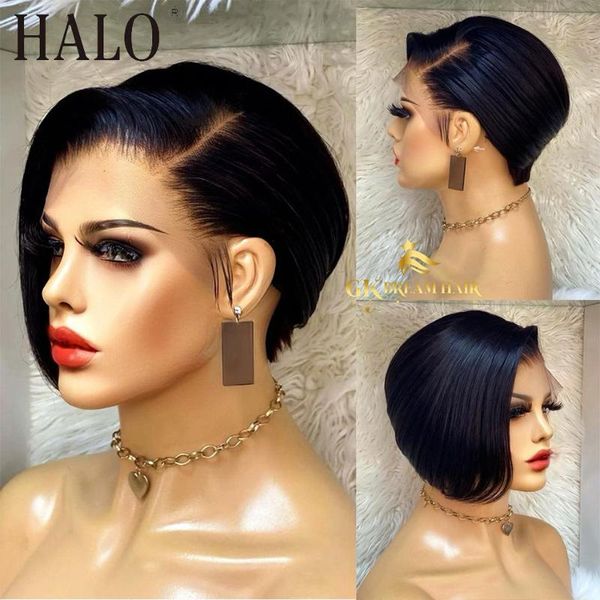 

lace wigs halo pixie cut wig human hair closure brazilian remy straight short bob preplucked natural hairline, Black;brown