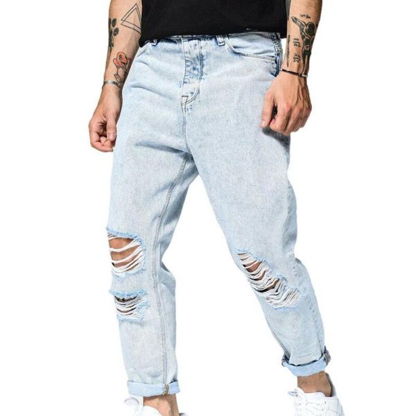 

men's jeans for men bottoms man ripped loose denim pants zip up casual long trousers light color streetwear, Blue