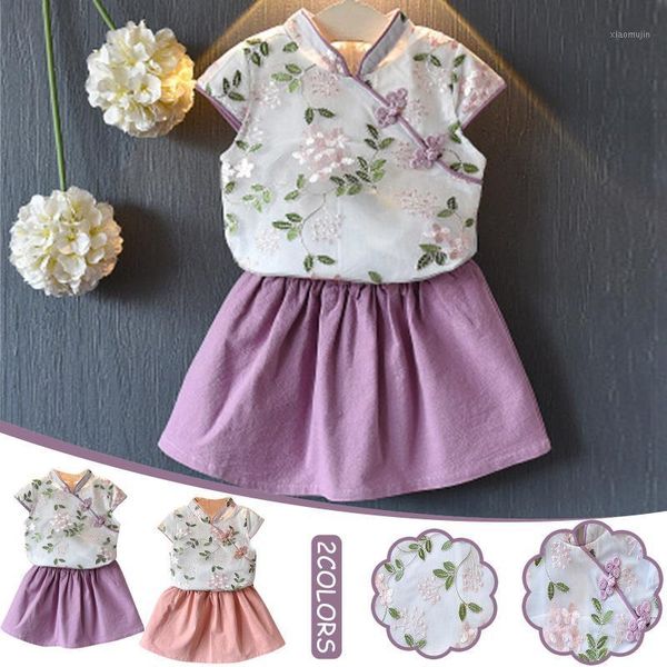 

clothing sets toddler kids baby girl outfits clothes embroidery cheongsam shirt skirt set kid casual floral, White
