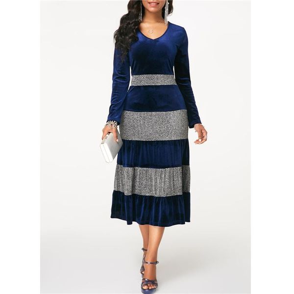 

casual dresses awk v-neck contrast stitching ruffle mid length commuter dress party vintage, Black;gray