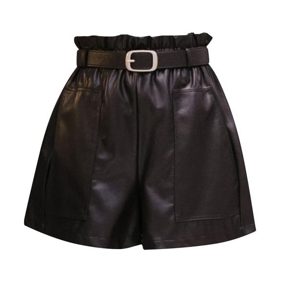 

women's shorts elastic waist pu leather pockets korean autumn women high wide leg short black,khaki s-xl, White;black