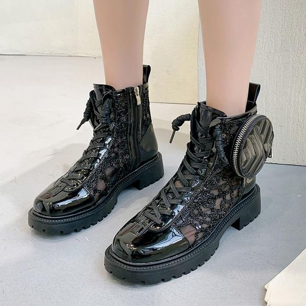 

boots spring autumn coin purse designer women ankle leisure black pu mid heel ladies shoes open zipper chain