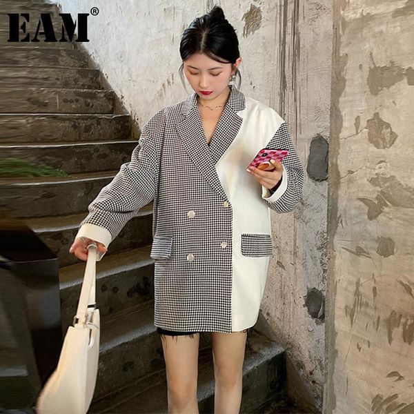 

women's suits & blazers [eam] women black plaid big size casual blazer lapel long sleeve loose fit jacket fashion tide spring autumn 20, White;black