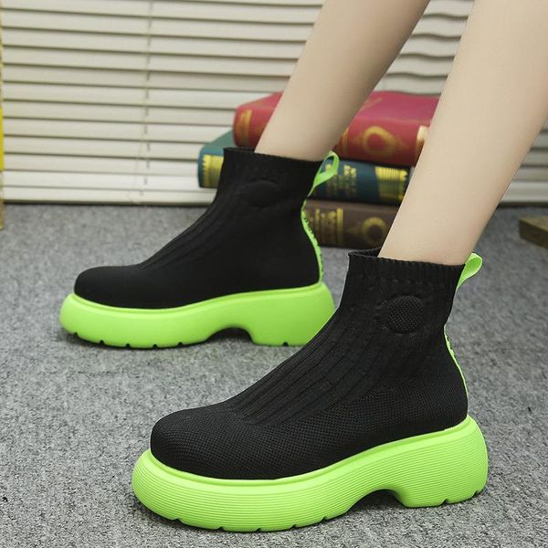 

boots autumn elastic knitting sock ankle for women thick heel platform short woman mix color slip on botas mujer, Black