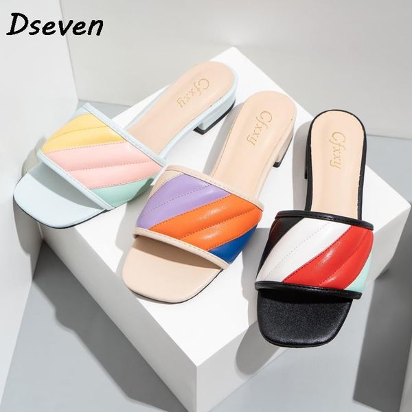 

ladies slippers square toe matching color thick low heels for women fashionable three-color sandals woman beach shoes, Black