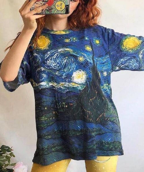 

harajuku sky painting t-shirt summer woman casual loose moon star tie dye print short sleeve o neck graphic gothic shirt tee women's, White