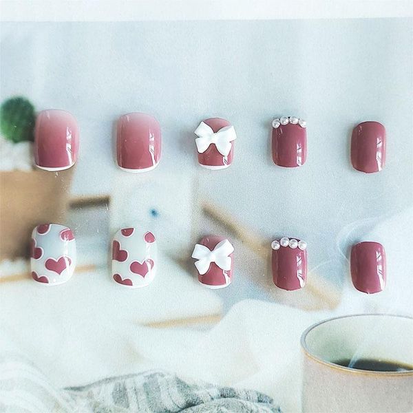 

false nails 24pcs love heart print nail patch glue type removable short paragraph fashion manicure save time to, Red;gold