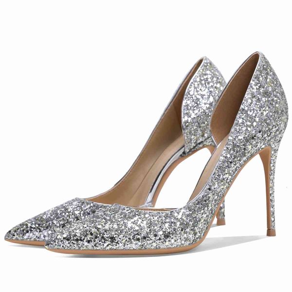 

sandals pointy toe sequins glitter women pumps crystal summer lady shoes genuine leather thin high heels party prom n0104 bu26, Black