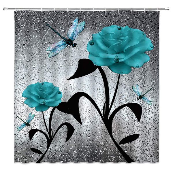 

teal floral shower curtain dragonfly 3d roses realistic waterdrop dynamic image decor,fabric bathroom set hooks included 70x70