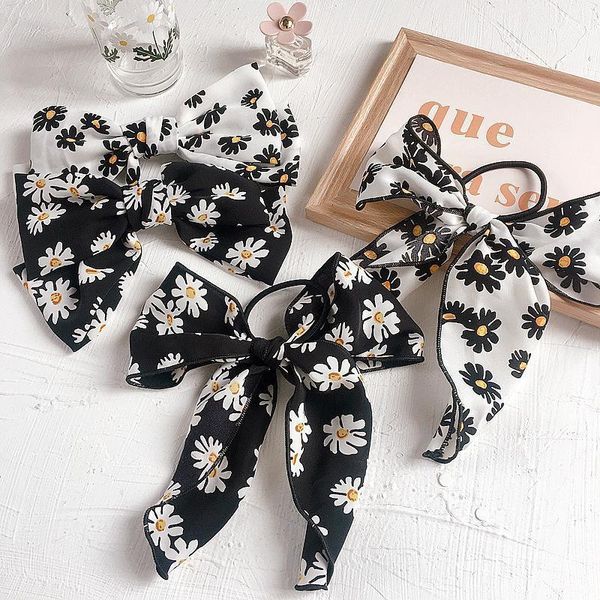 

korea style black white big bow print hair rope elegant trendy simple daisy hairpin for women fashion accessories1