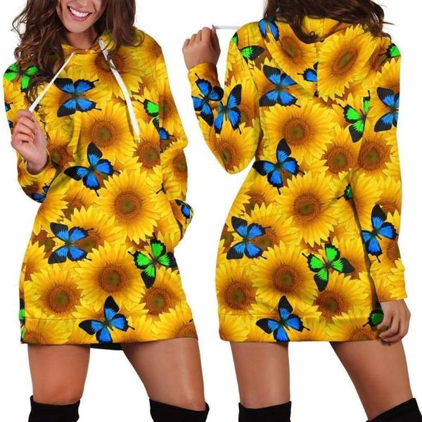 

women's hoodies & sweatshirts sunflower flower butterfly 3d print long hoodie dresses fashion casual pullover sweatshirt sleeves dress, Black
