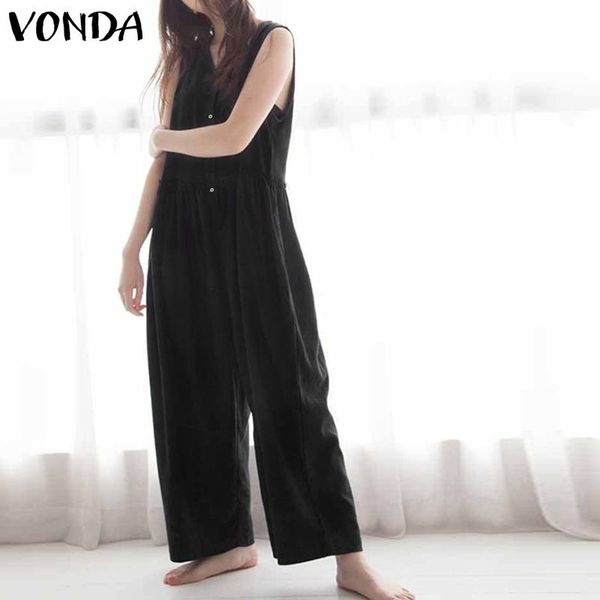 

women's jumpsuits & rompers plus size 2021 vonda women jumpsuit summer sleeveless casual loose pockets cotton playsuit vintage wide leg, Black;white