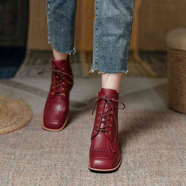 

boots 2021 fashion shoes women square toe thick heel red retro tassel short solid leather ankle winter 1iy4, Black