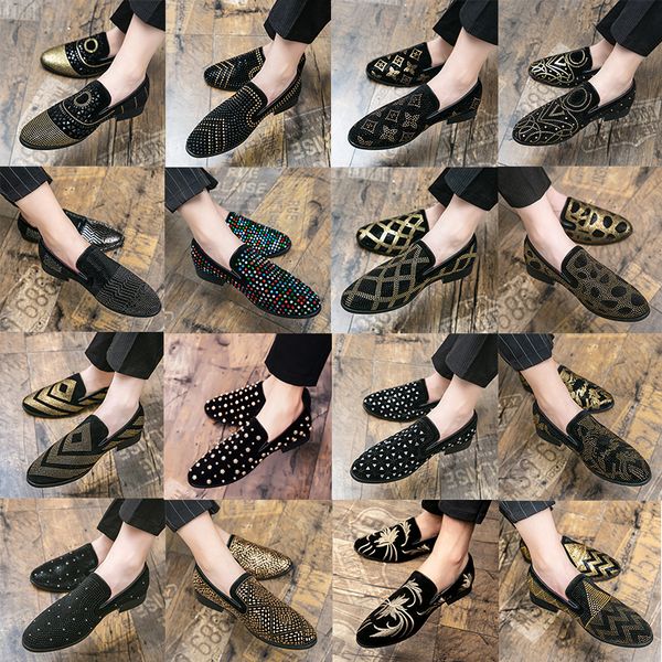 

rhinestone luxury brand men dress shoes flat casual shoe business office oxfords genuine leather designers suede loafers plus size 38-47, Black