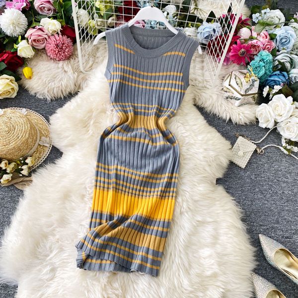 

casual dresses women knitted slim o-neck sleeveless pencil striped mid-length base office ladies urban summer empire mx9j, Black;gray