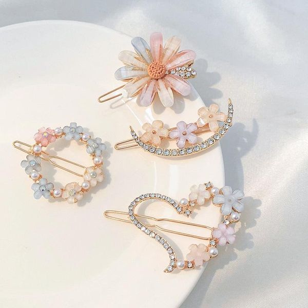 

hair clips & barrettes 4pcs/lot 2021 korean sweety cute delicate daisy rhinestone hairpin clip crescent flower feeling close to nat, Golden;silver