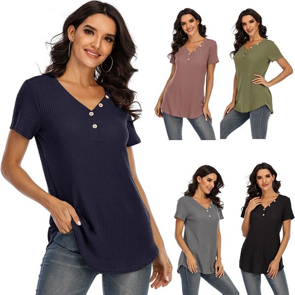 

2021 women's spring and summer short sleeve waffle v-neck button t-shirt, White