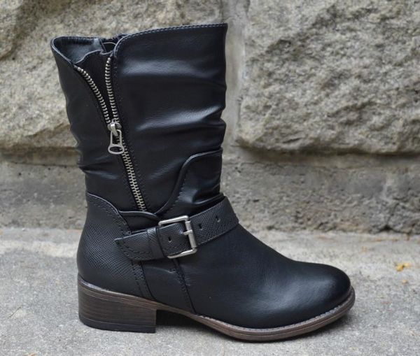 

boots medium tube women's knight low heel round toe side zipper retro, Black