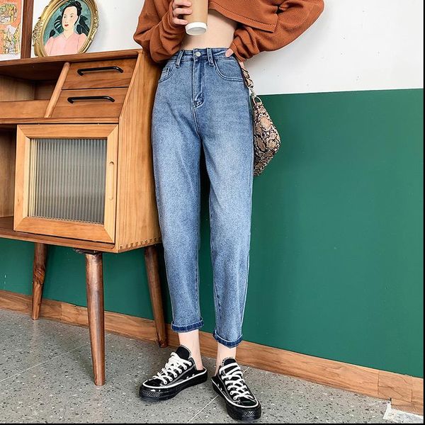 

harem skinny maxi vintage boyfriend womens jeans high waist street elastice straight denim pants mujer plus size, Blue