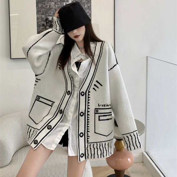 

retro temperament loose v neck graffiti cardigan knitted jacket long autumn winter sweaters fashion casual pull 210914, White;black