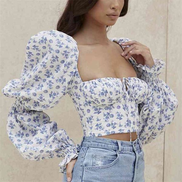 

newasia floral women white sweet square neck long puff sleeve ruched drawstring crop autumn woman party blouse 2021