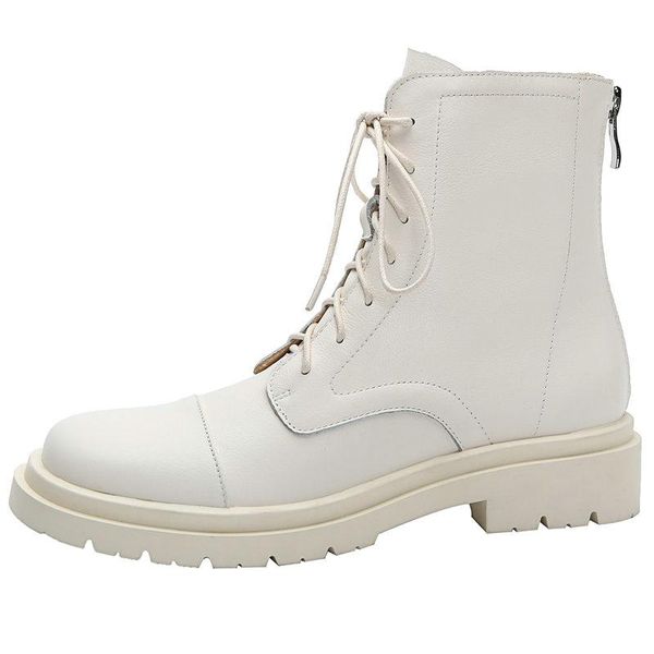 

boots back zipper motorcycle genuine leather round toe lace up shoe woman 2021 winter est pumps working casual, Black