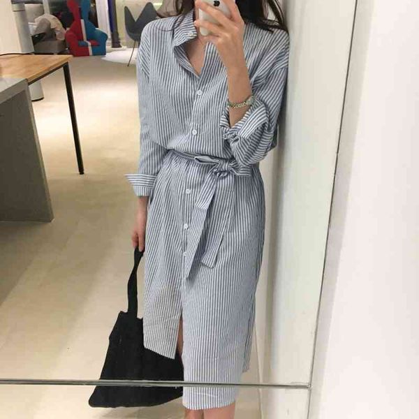 

casual dresses autumn lady blue striped office shirt women split long three quarters sleeve button straight work oppx, Black;gray