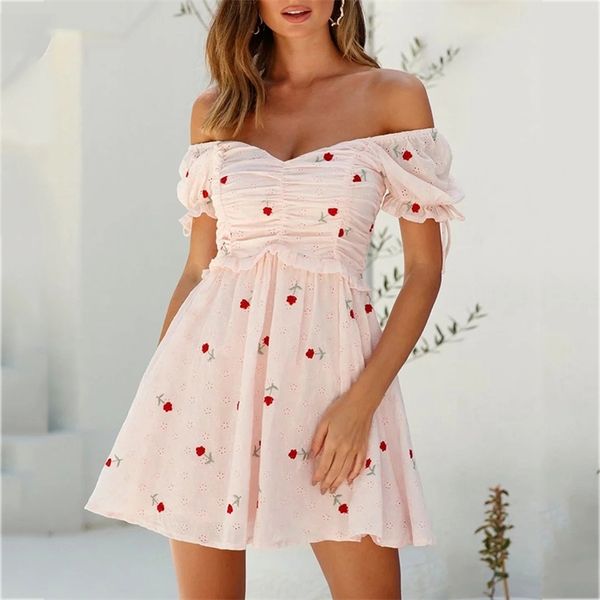 

flower embriodery lace dress cotton vintage short floral boho summer women beach pink ruched off shoulder 210427, White