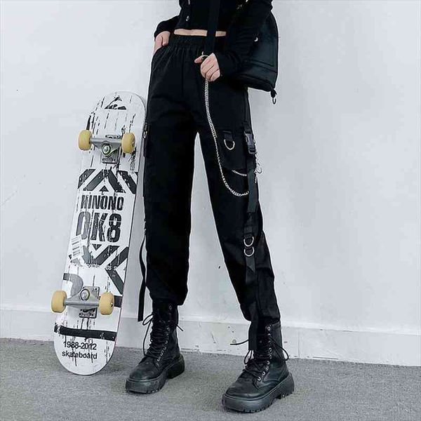 

women elastic waist loose streetwear cargo pants female fashion ankle-length jogging trousers ladies plus szie casual pant, Black;white