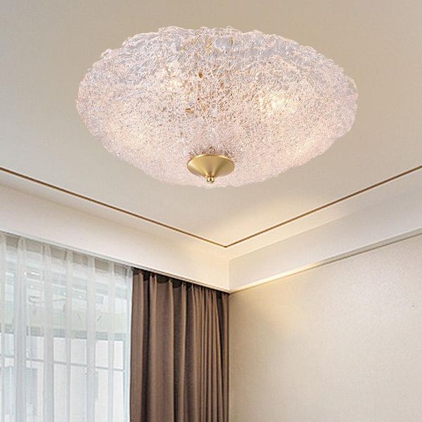 Lampada da soffitto rotonda di lusso a luce semplice in cristallo con ventilatore artistico, tutte in rame, camera da letto, condimenti in vetro, luci da pranzo uniche